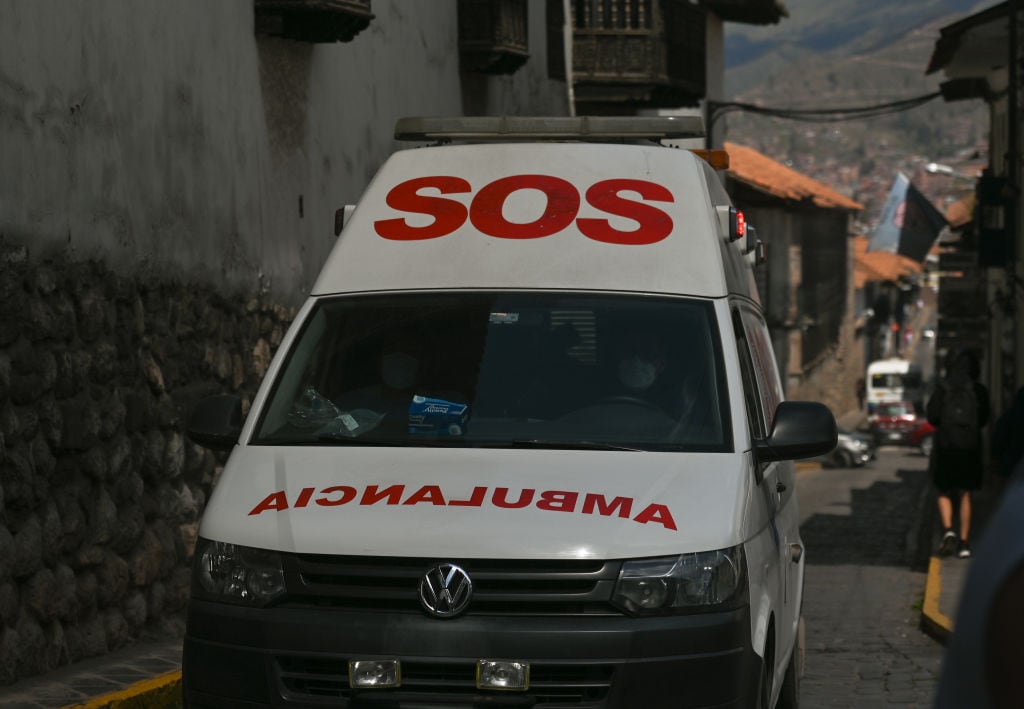 An ambulance seen in the old Cusco San Blas district.On Friday, 15 April, 2022, in Cusco, Peru. (Photo by Artur Widak/NurPhoto via Getty Images)