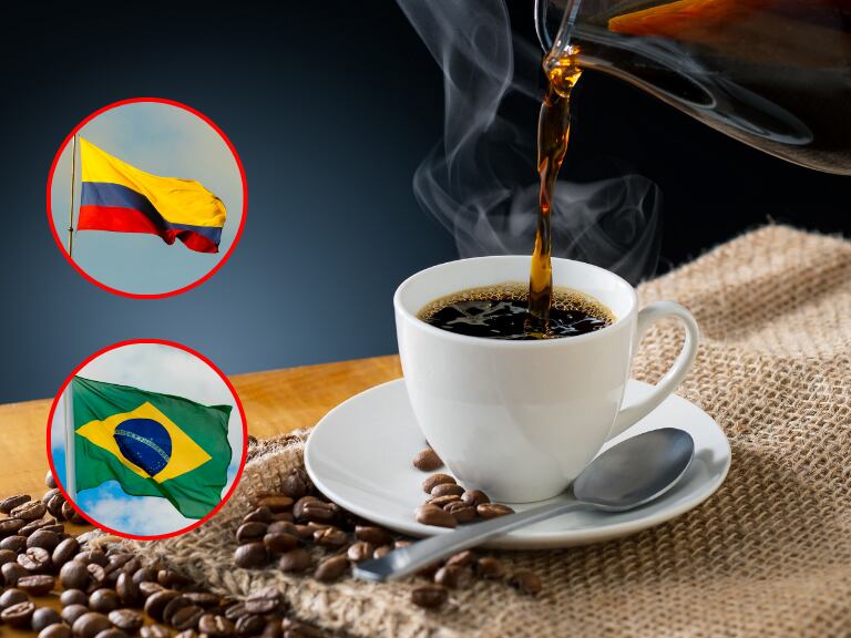 Taza de café, rodeada de granos de café; y banderas de Colombia y Brasil. (Foto: Getty Images)