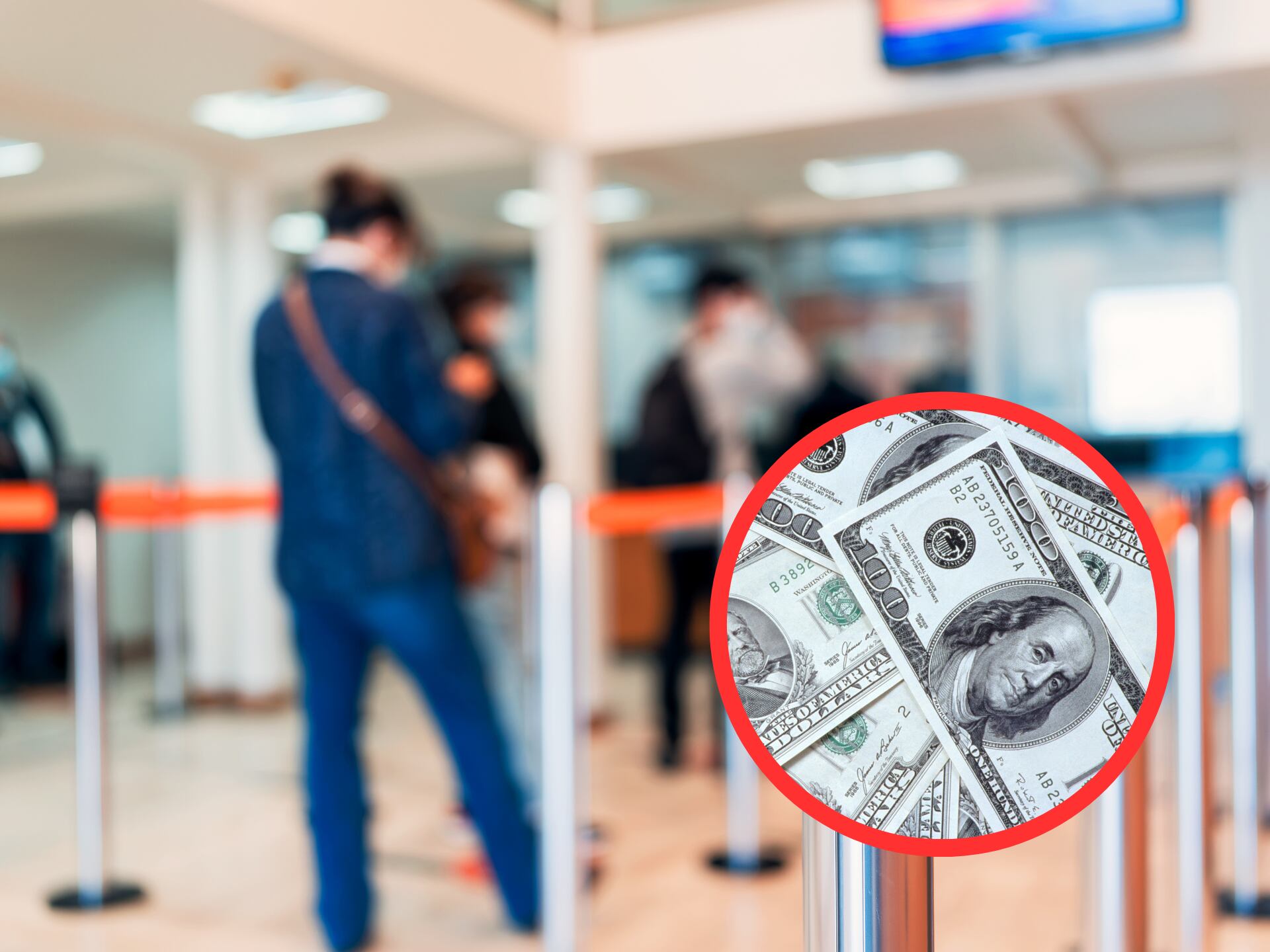 Personas haciendo fila en un banco. En el círculo, dólares de diferente denominación (GettyImages)