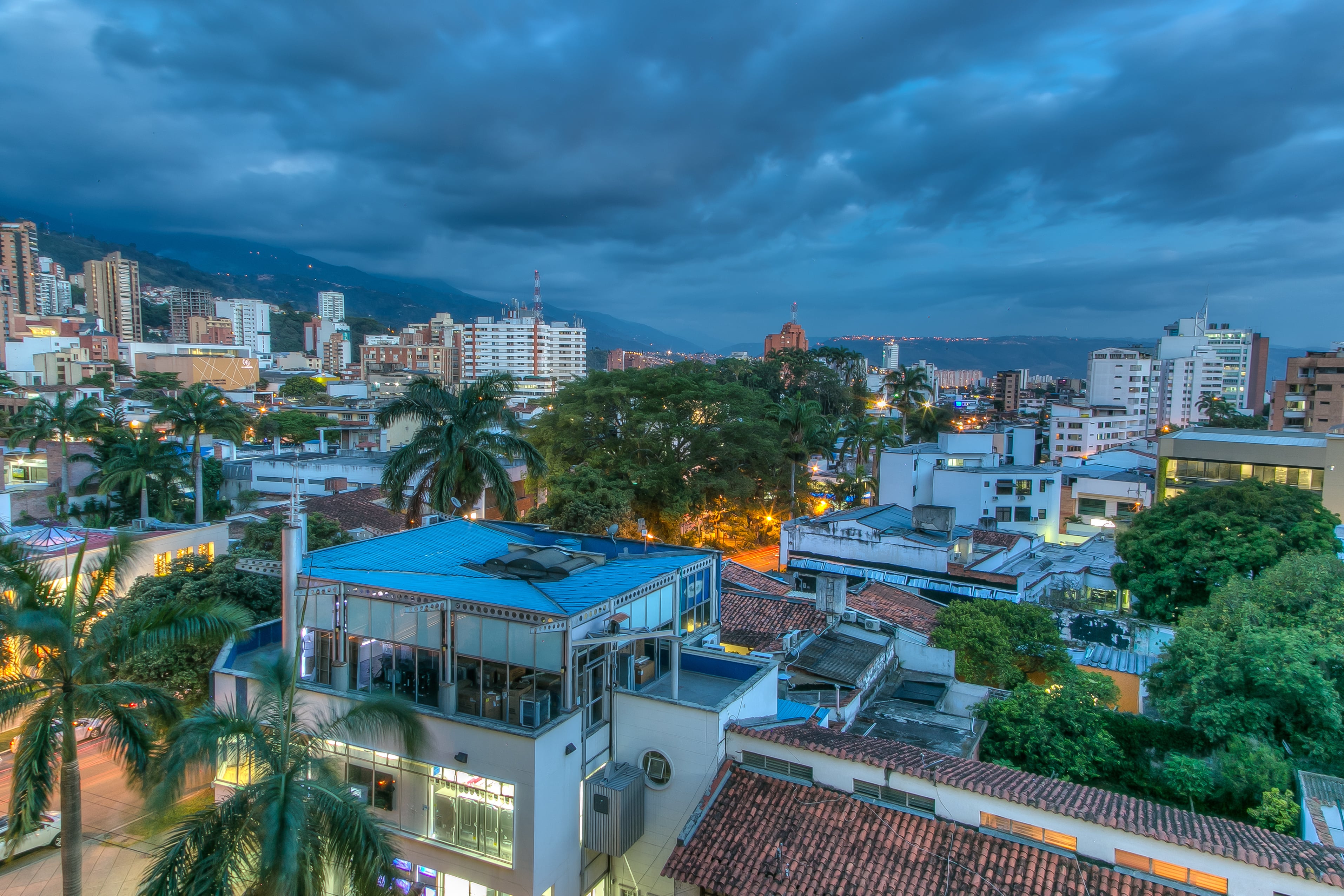 As the blue hour advances, Bucaramanga's vibrant night life emerges.  The city is nestled in the Andes and the seemingly ever-present clouds produce an indigo backdrop.