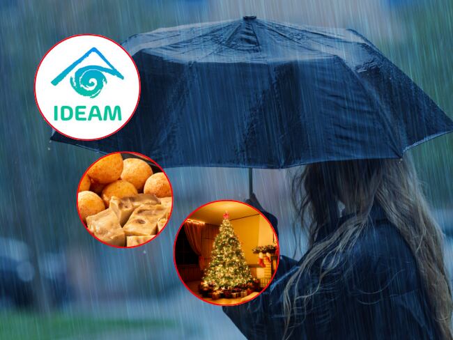 Lluvia, buñuelos y natilla, árbol de Navidad, imágenes de referencia (Getty images); Logo 'Ideam', tomado de cuenta del oficial del Ideam en 'X'.