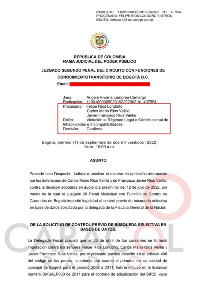 Auto del juez que avala prueba que sería clave en la investigación por el escándalo del contrato de adjudicación a Recaudo Bogotá