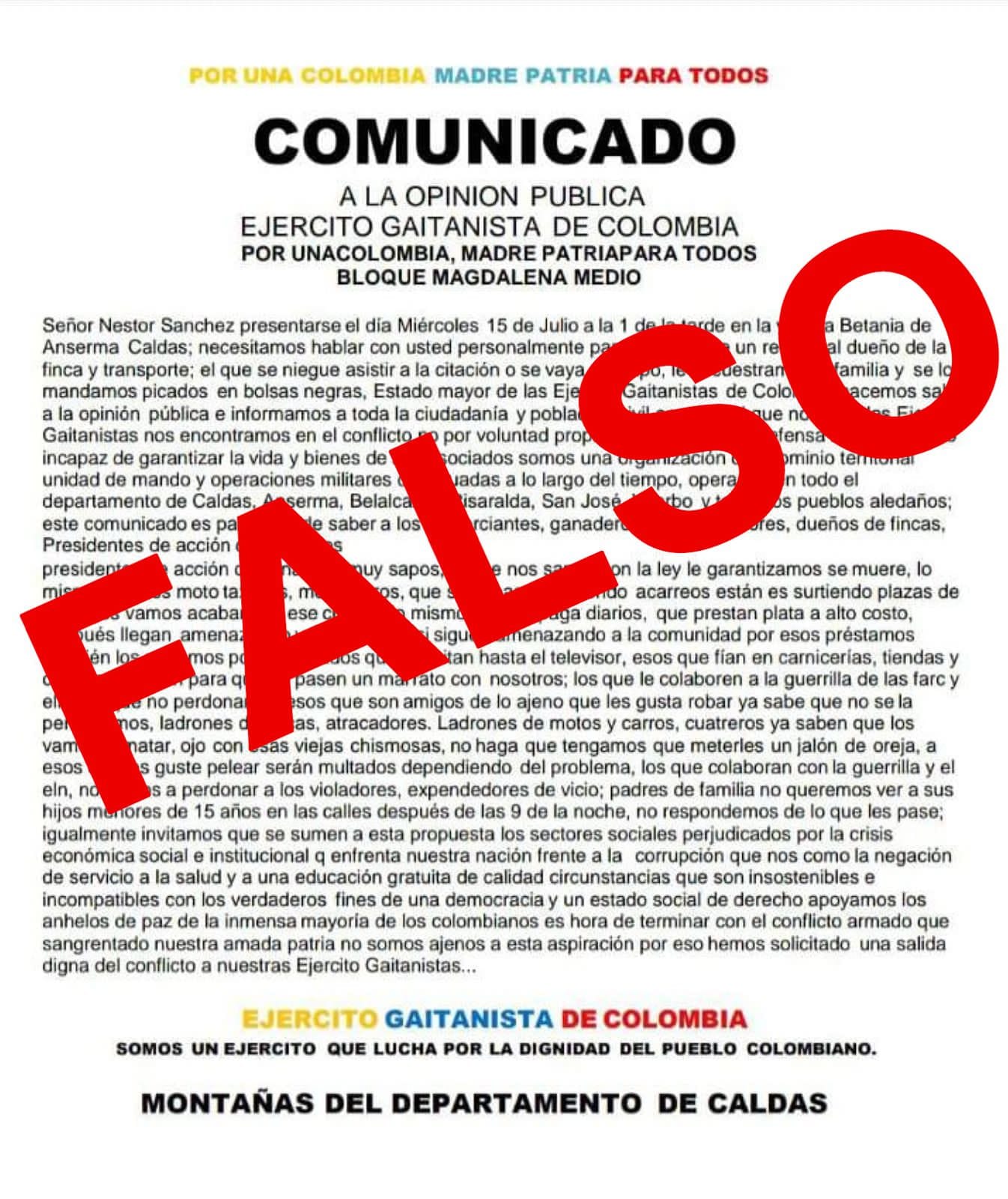 Comunicado enviado a la población en Caldas. Foto: Policía Caldas.