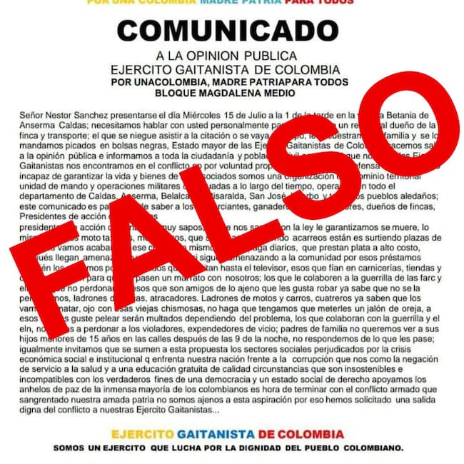 Comunicado enviado a la población en Caldas. Foto: Policía Caldas.