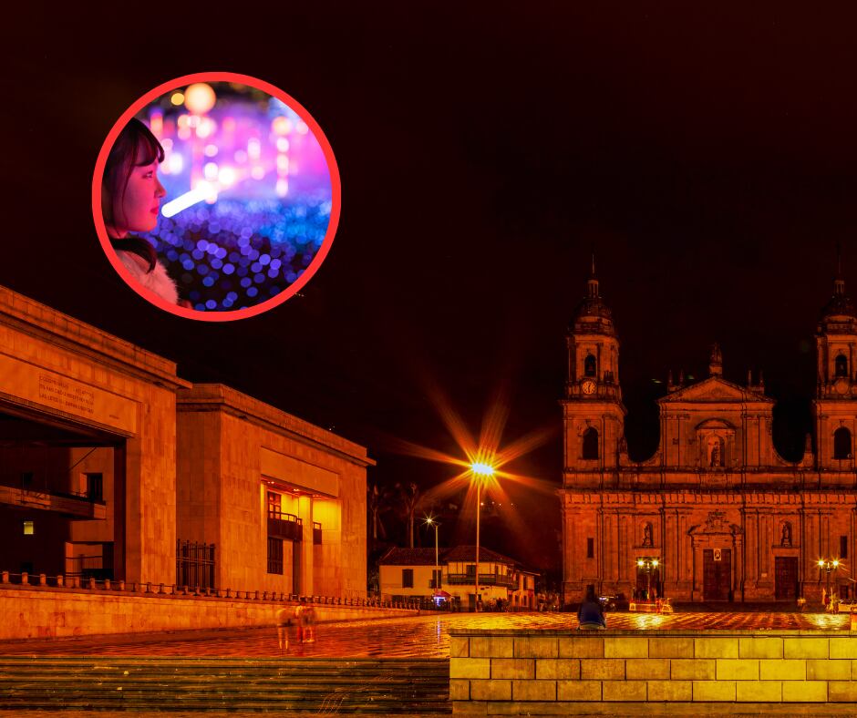 Plaza de Bolívar y mujer mirando luces navideñas (Getty Images)