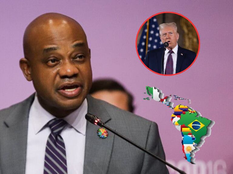 Canciller Luis Gilberto Murillo y al lado Trump y un mapa de Latinoamérica (Fotos vía Getty Images)