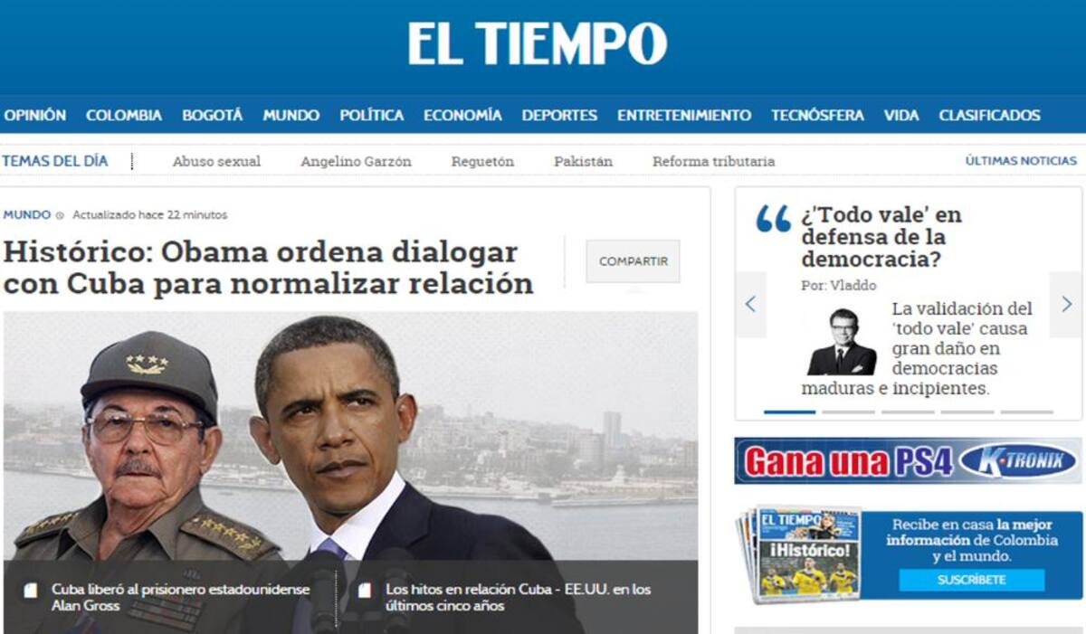 Las portadas de varios diario y sitios web destacaron ampliamente la orden que dio Obama para restablecer las relaciones entre los dos países.