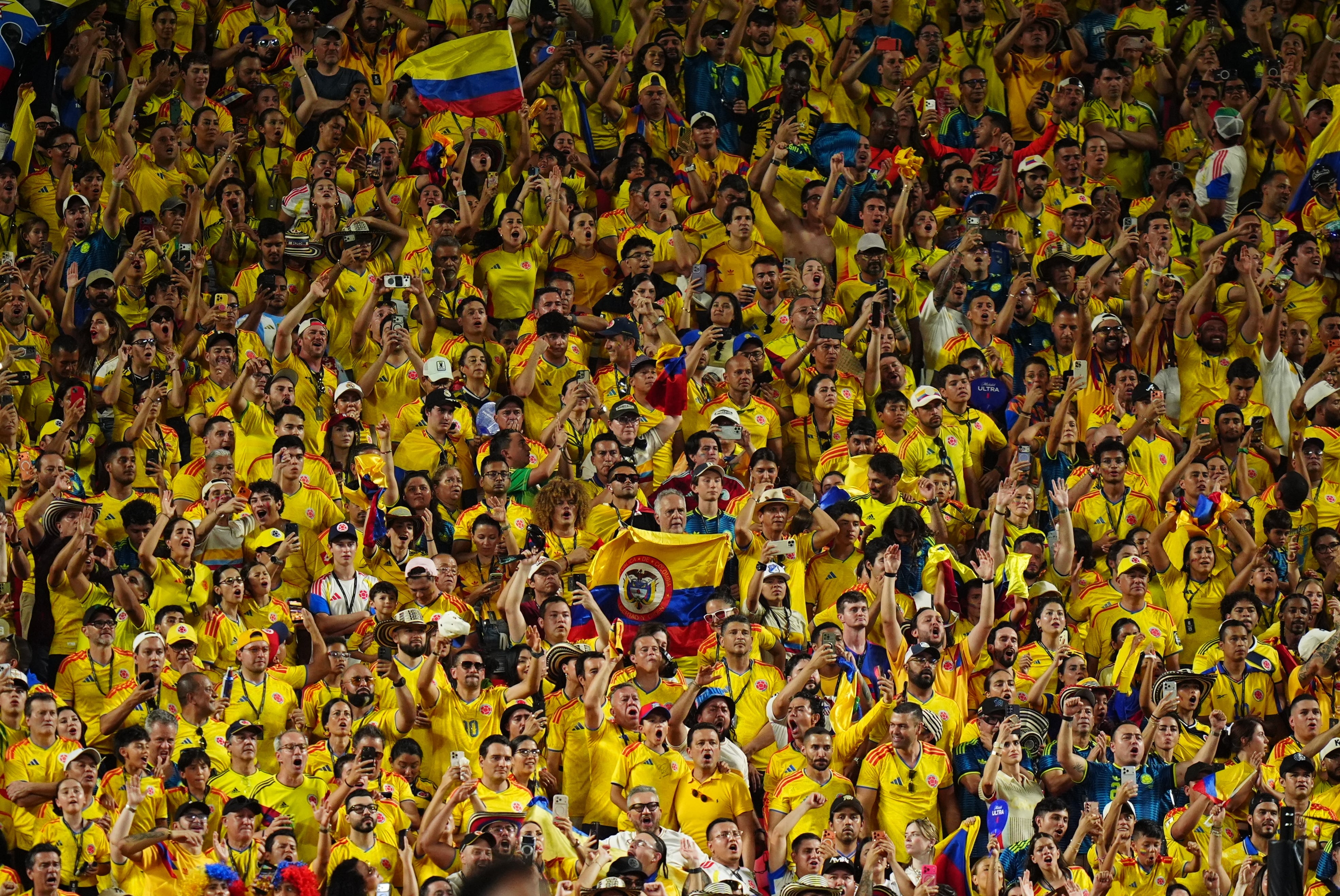 KANSAS CITY, UNITED STATES - JULY 3: Fans of Colombia support their team during the 2026 FIFA World Cup Round of 32 match between Colombia and Ghana at Arrowhead Stadium (Kansas City Stadium) in Kansas City, Missouri, United States on July 3, 2026. (Photo by Hakan Akgun/Anadolu via Getty Images)