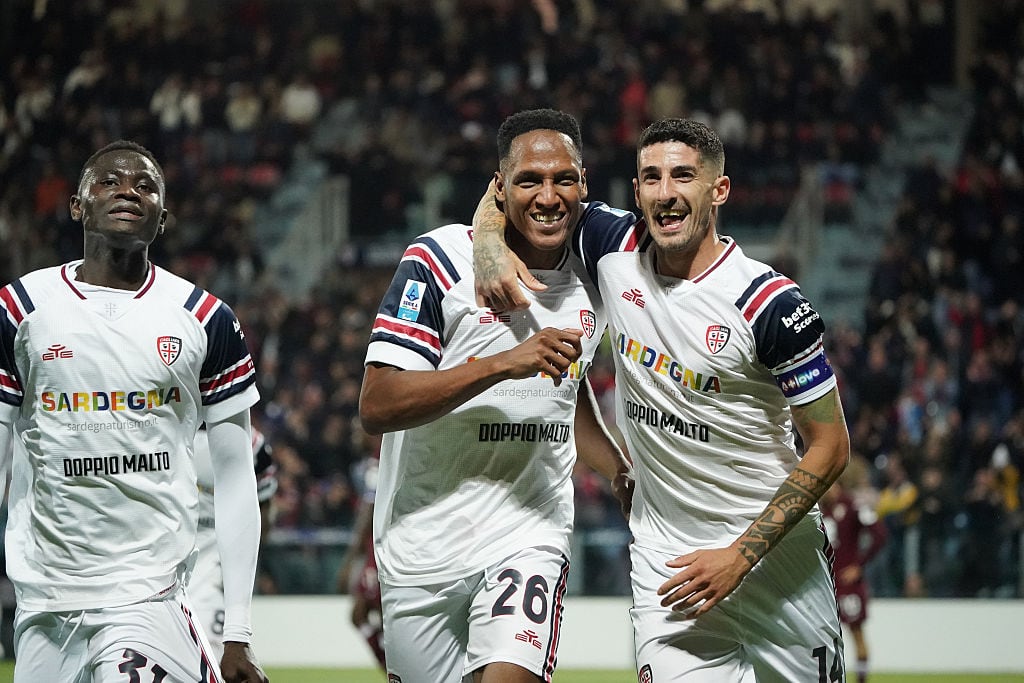 Yerry Mina (#26 Cagliari Calcio) celebrates a goal during the Serie A TIM match between Cagliari Calcio and Torino FC in Italy on May 17, 2026. (Photo by Alessandro Tocco/NurPhoto via Getty Images)