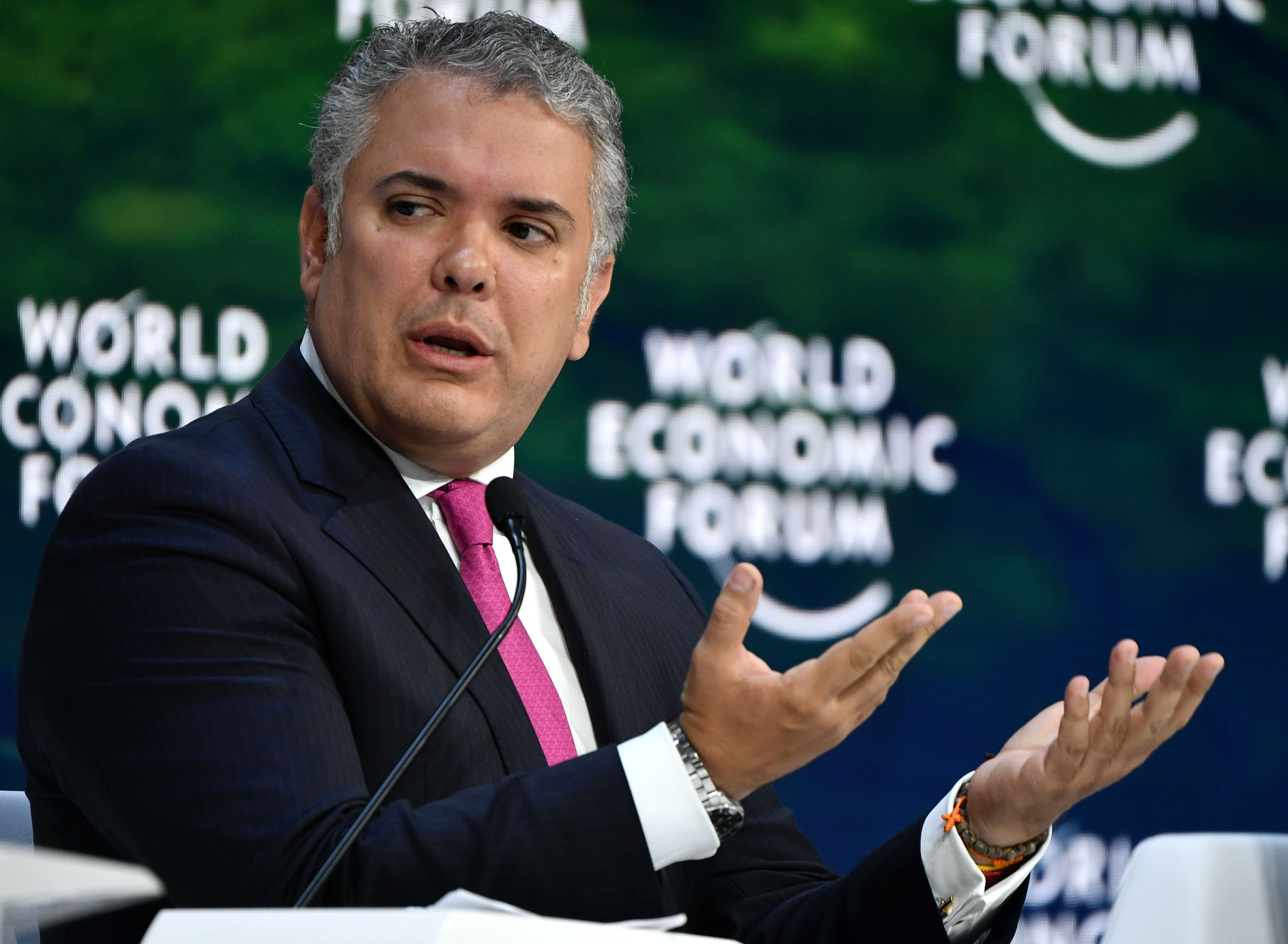 Colombian President Ivan Duque, speaks at the Securing a Sustainable Future for the Amazon, during the World Economic Forum in Davos, Switzerland, on January 22, 2020. (Photo by Fabrice COFFRINI / AFP) (Photo by FABRICE COFFRINI/AFP via Getty Images)