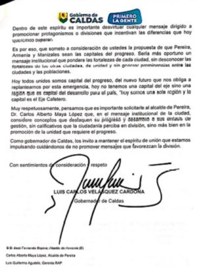 Carta al Gobernador de Risaralda