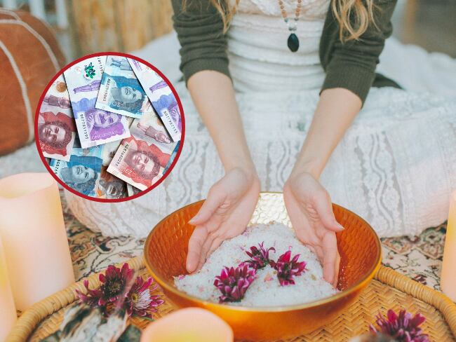 Imagen de referencia: persona realizando un ritual con arroz // billetes colombianos // Getty Images