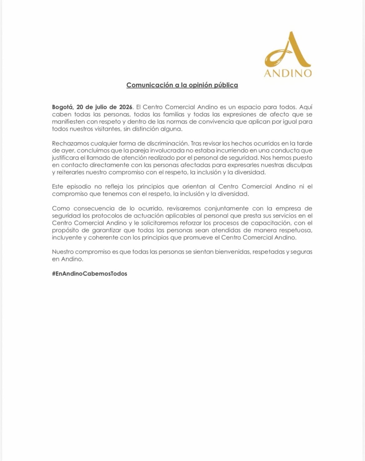 Comunicado del centro comercial ante hecho de discriminación. Foto: suministrada.