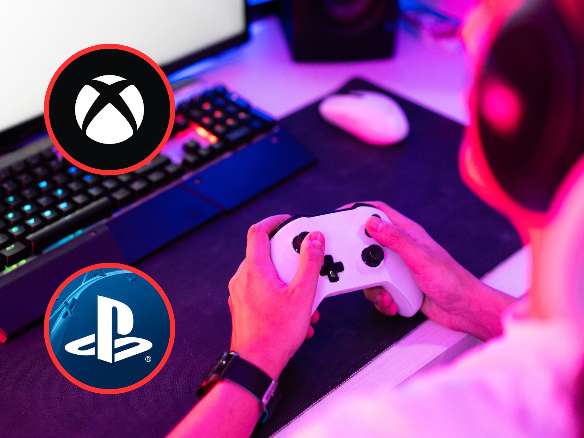 Persona jugando, encima logos de Xbox y PlayStation (GettyImages / redes sociales)