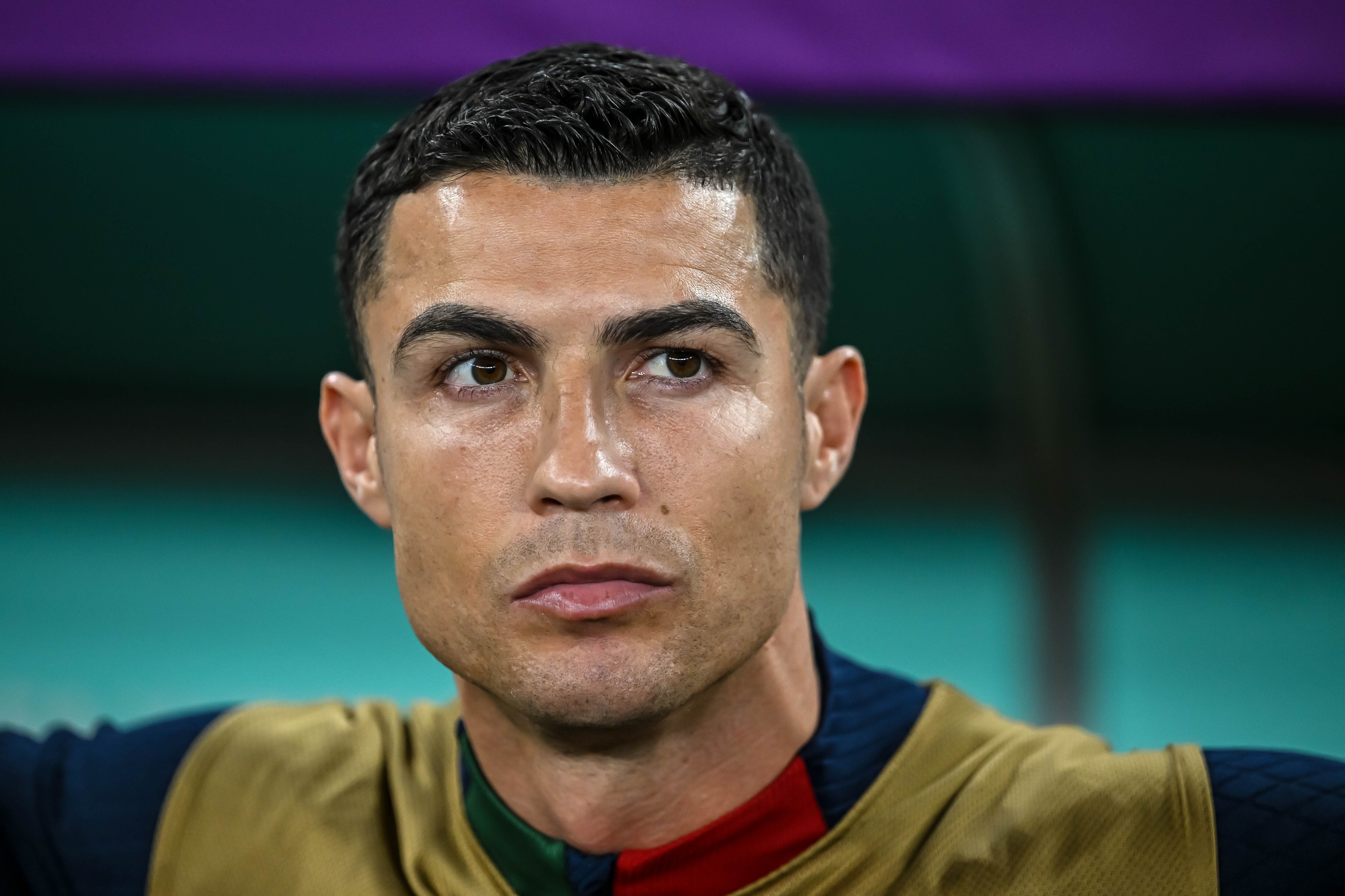 DOHA, QATAR - DECEMBER 10: Cristiano Ronaldo of Portugal Looks on prior to the FIFA World Cup Qatar 2022 quarter final match between Morocco and Portugal at Al Thumama Stadium on December 10, 2022 in Doha, Qatar. (Photo by Harry Langer/DeFodi Images via Getty Images)