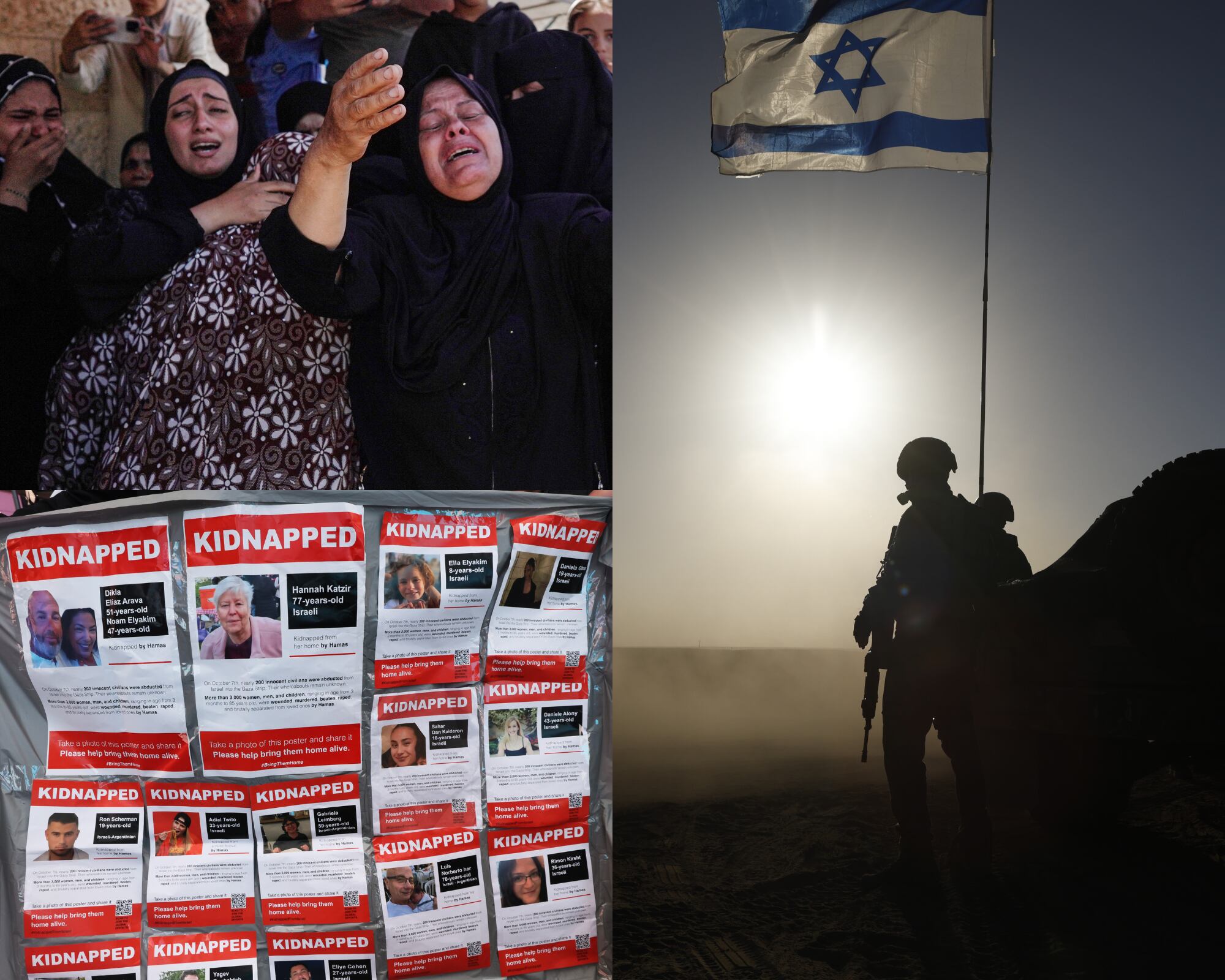 A la derecha, tropas de Israel. En la parte superior izquierda, mujeres palestinas llorando la muerte de sus familiares tras bombardeos israelíes y en la parte inferior izquierda los carteles de algunos de los secuestrados por Hamás.
(Foto: Caracol Radio / Getty )