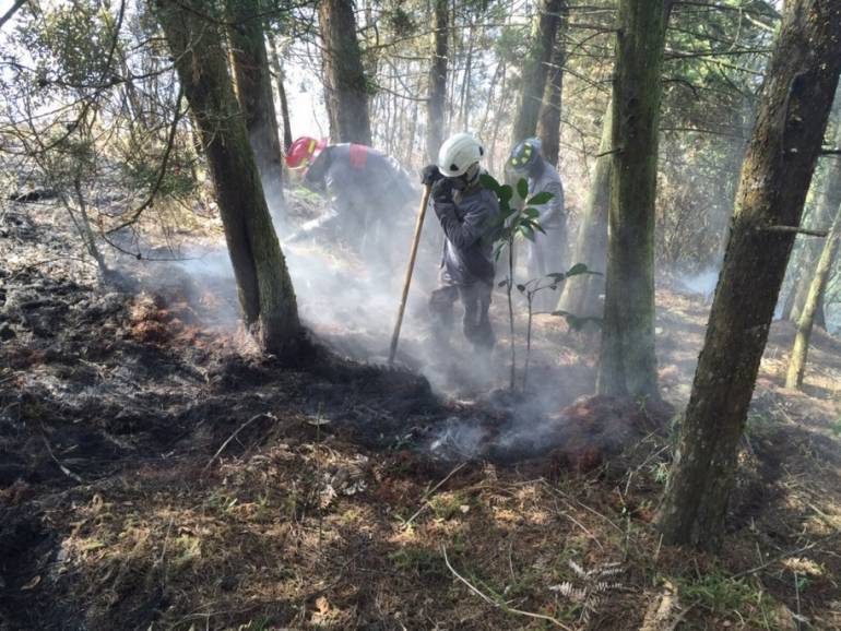 Bomberos de Medellín tratan de controlar incendio forestal en Las Palmas. 