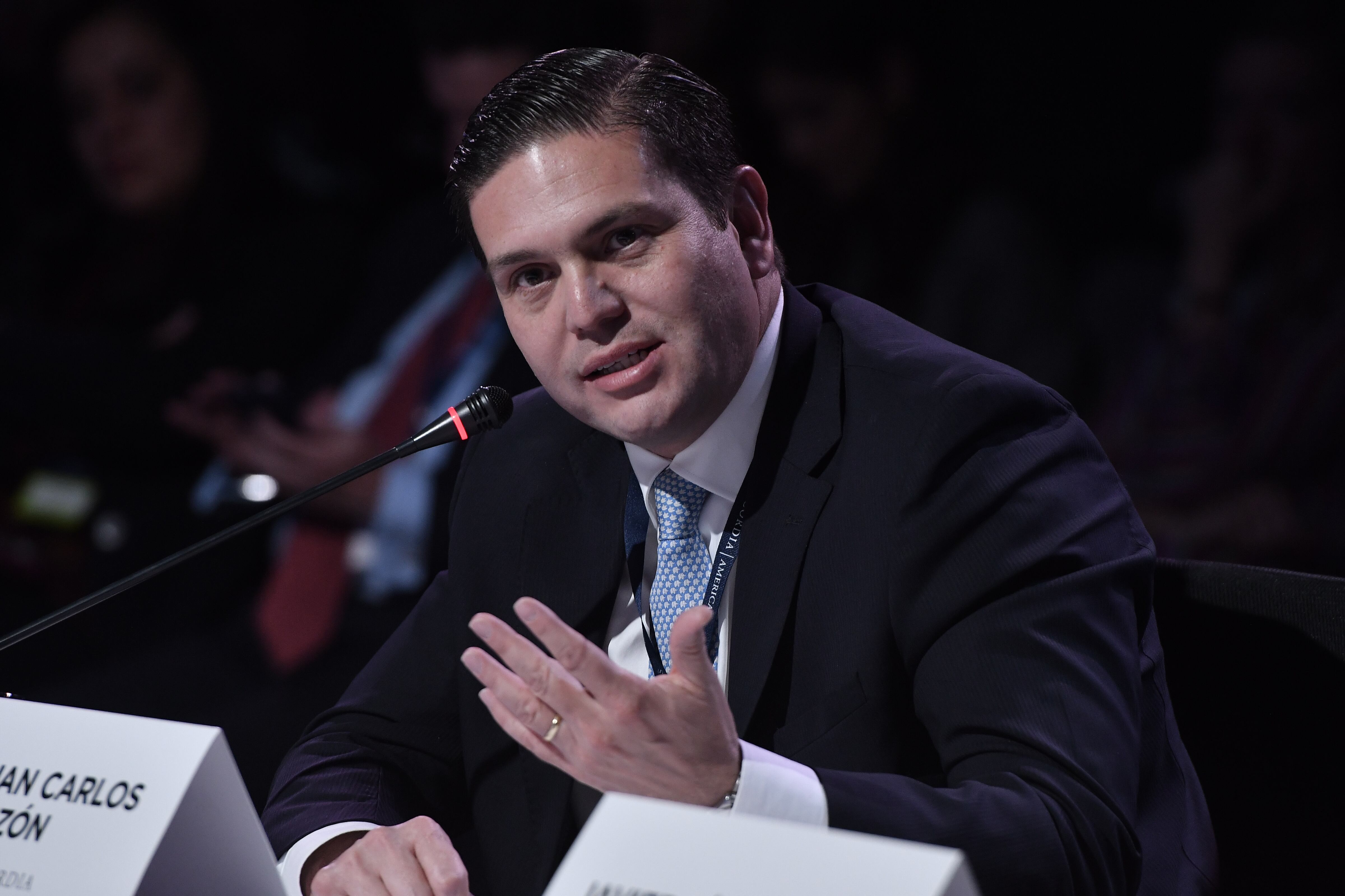 BOGOTA, COLOMBIA - JULY 17: Juan Carlos Pinzon speaks during the panel 'Economy and Trade: Colombia in the Global Spotlight' as part of the 2018 Concordia Americas Summit day 2 at Agora Bogota Convention Center on July 17, 2018 in Bogota, Colombia. (Photo by Gabriel Aponte/Getty Images for Concordia Americas Summit)