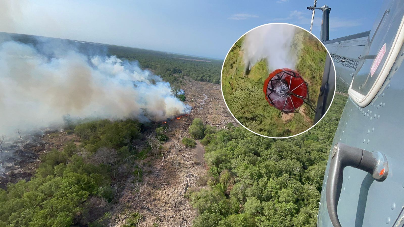 Labores de la Fuerza Aérea Colombiana para mitigar el incendio en el Vía Parque Isla Salamanca./ Foto: CACOM 3 - FAC