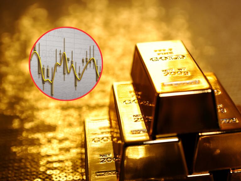 Lingotes de oro con un gráfico de fluctuación de cifras (Fotos vía Getty Images)