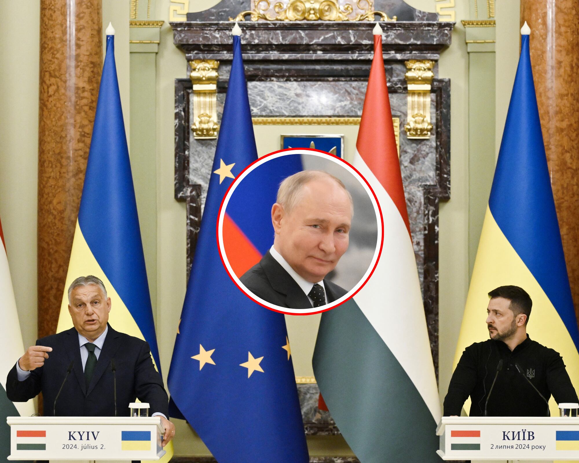 Los presidentes de Hungría, Viktor Orban (i), Rusia, Vladimir Putin (c) y Ucrania, Volodimir Zelenski (d).

(Foto: Getty / Caracol Radio )