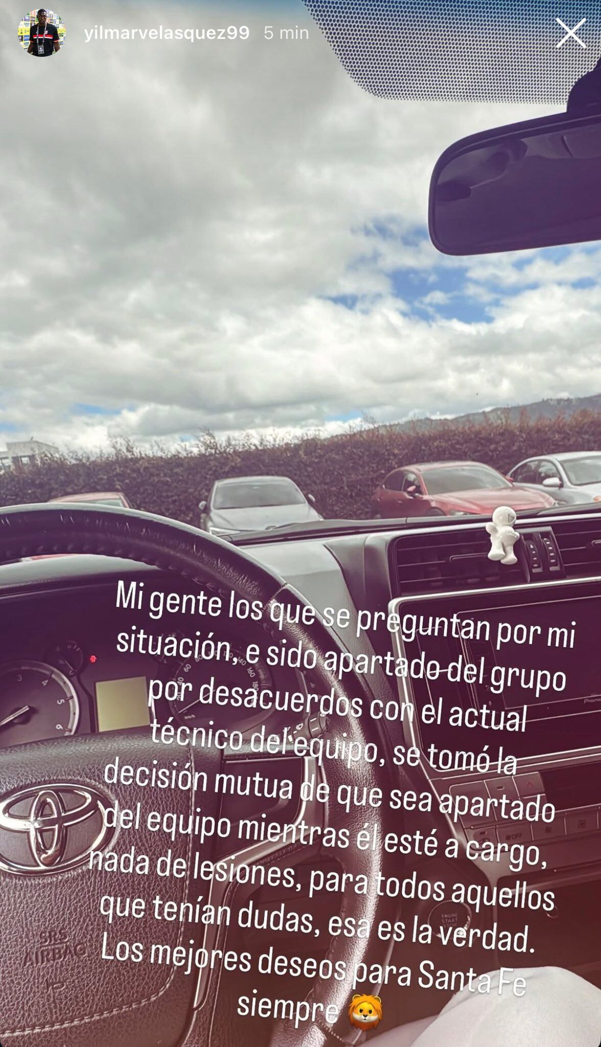 El mensaje de Yilmar Velásquez a través de su cuenta de Instagram.