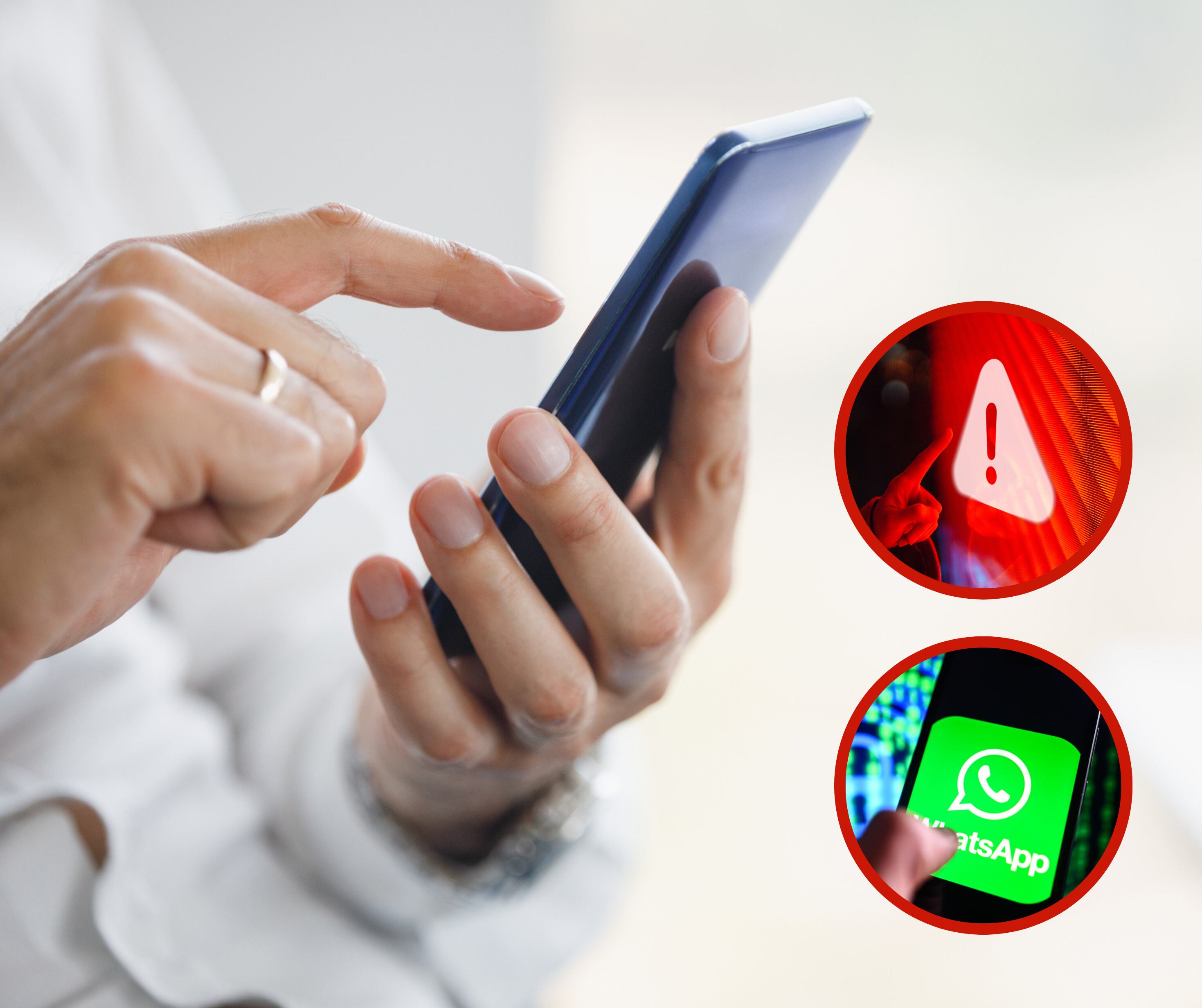 Hombre utilizando su teléfono e imágenes referentes a WhatsApp y advertencias (Fotos vía Getty Images)