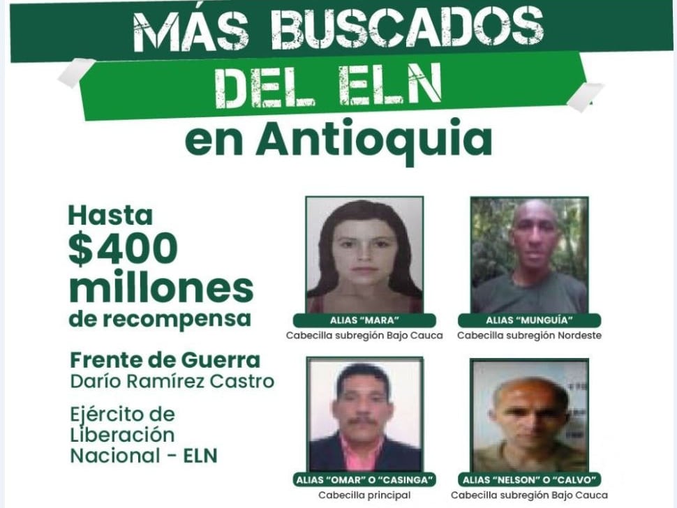Cuatro máximos cabecillas del ELN en Antioquia- cartel gobernación
