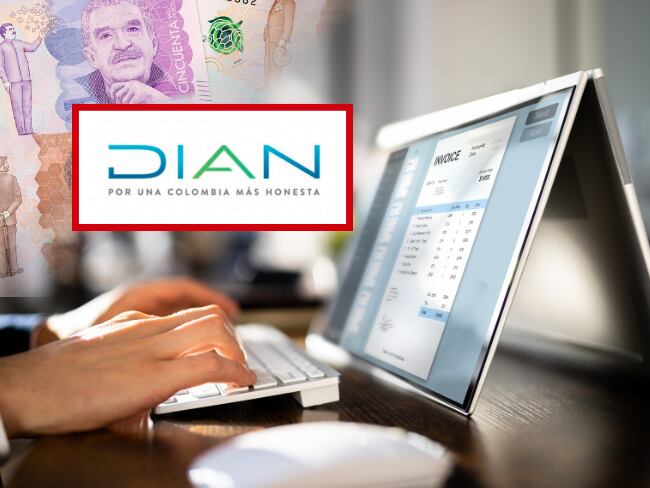 Persona realizando una facturación electrónica // Logo de la DIAN // DIAN OFICIAL // Dinero colombiano