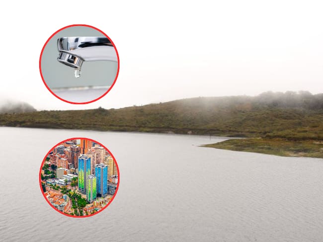 Embalse de Cundinamarca y allado una vista panorámica de Bogotá y un grifo sin agua (Fotos vía Getty Images)
