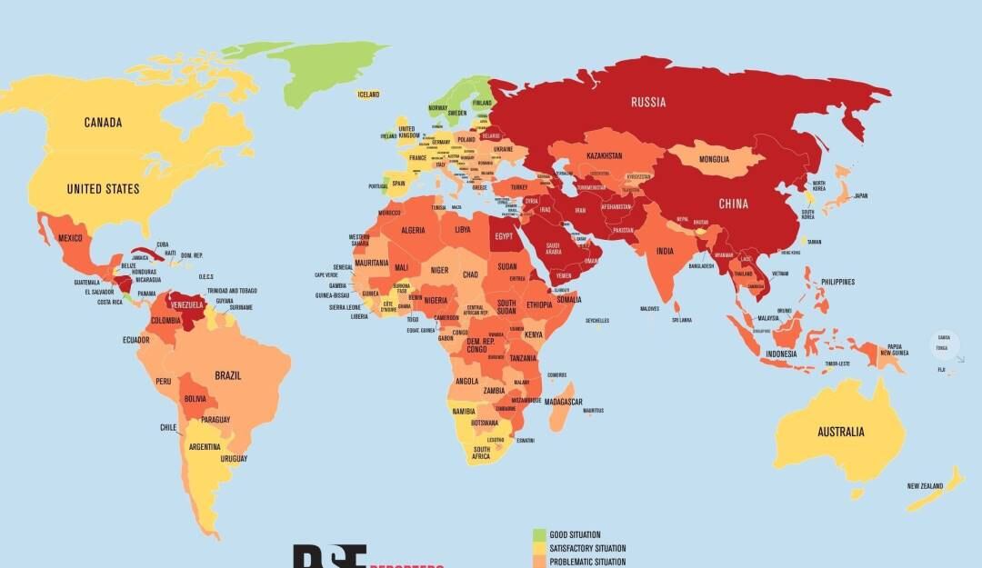 Mapa de la libertad de prensa de la ong Reporteros Sin Fronteras. Foto: Reporteros Sin Fronteros.
