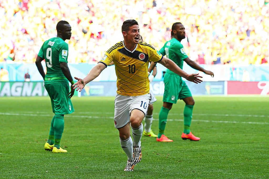 James Rodríguez festeja su gol ante Costa de Marfil en Brasil 2014 / Getty Images