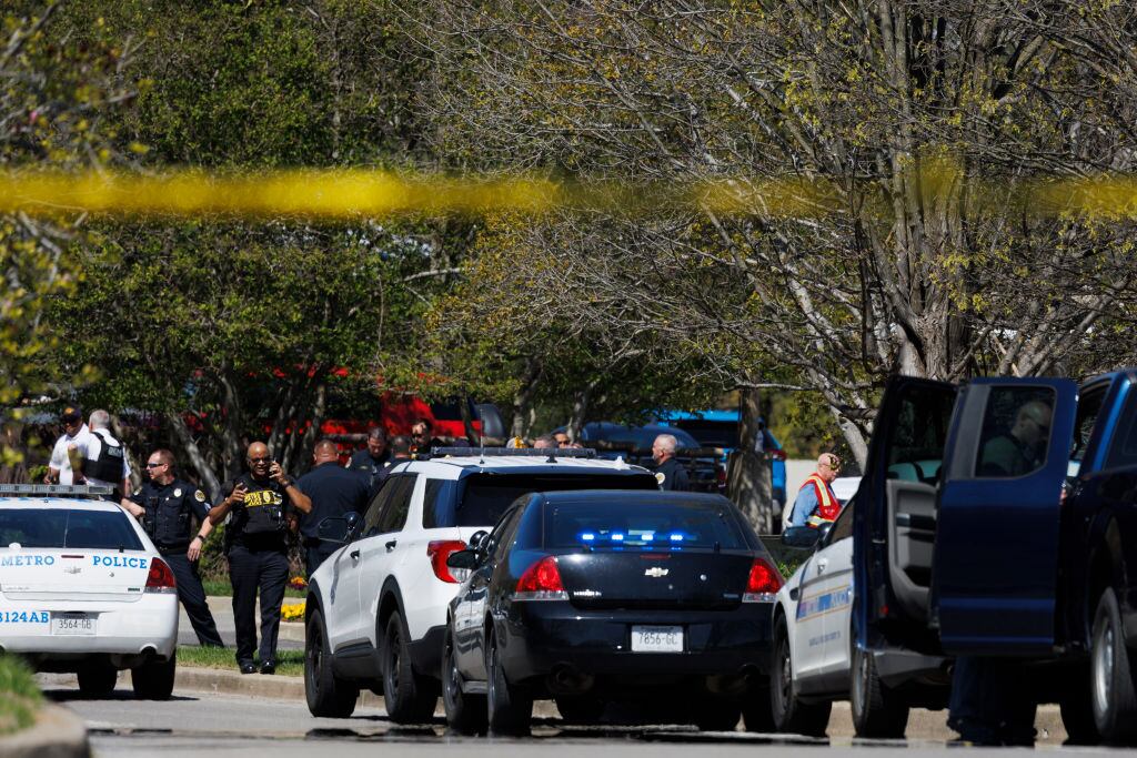 NASHVILLE, TN - MARCH 27:  Police work near the scene of a mass shooting at the Covenant School on March 27, 2023 in Nashville, Tennessee. A 28-year-old former female student at the private Christian school, wielding a handgun and two AR-style weapons, shot and killed three 9-year-old students and three adults before being killed by responding police officers, according to published reports.  (Photo by Brett Carlsen/Getty Images)