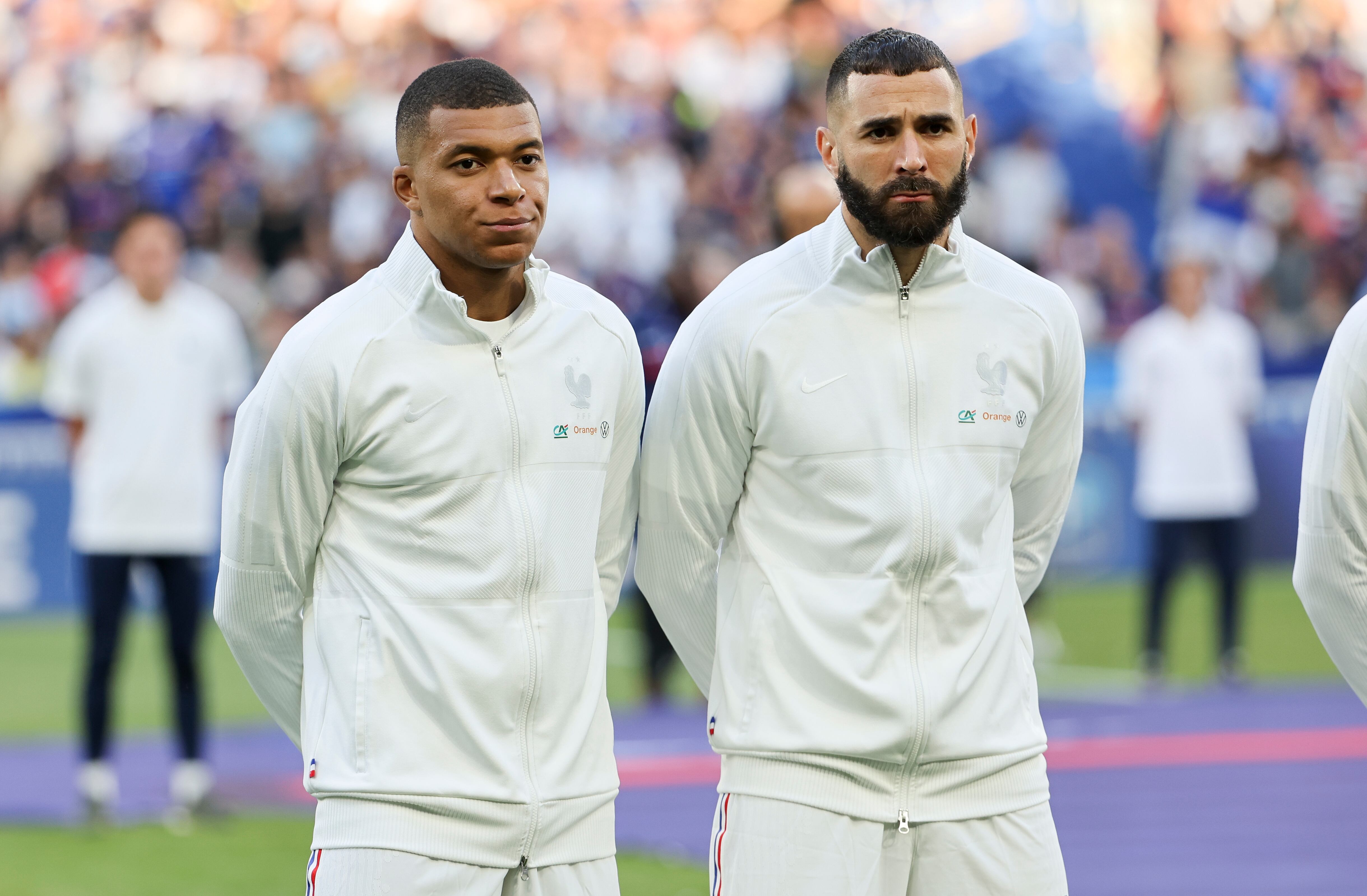 PARIS, FRANCE - JUNE 13: Kylian Mbappe, Karim Benzema of France during the UEFA Nations League League A Group 1 match between France and Croatia at Stade de France on June 13, 2022 in Saint-Denis near Paris, France. (Photo by John Berry/Getty Images)