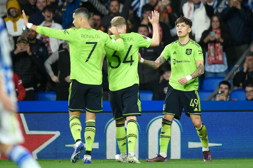 Manchester United celebra el gol ante Real Sociedad (Foto por MB Media/Getty Images)