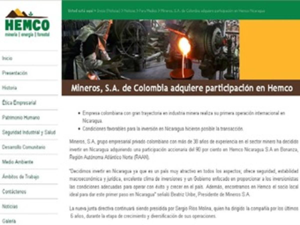 Colombiana Mineros S.A. adquiere el 90% de las acciones de Hemco Nicaragua
