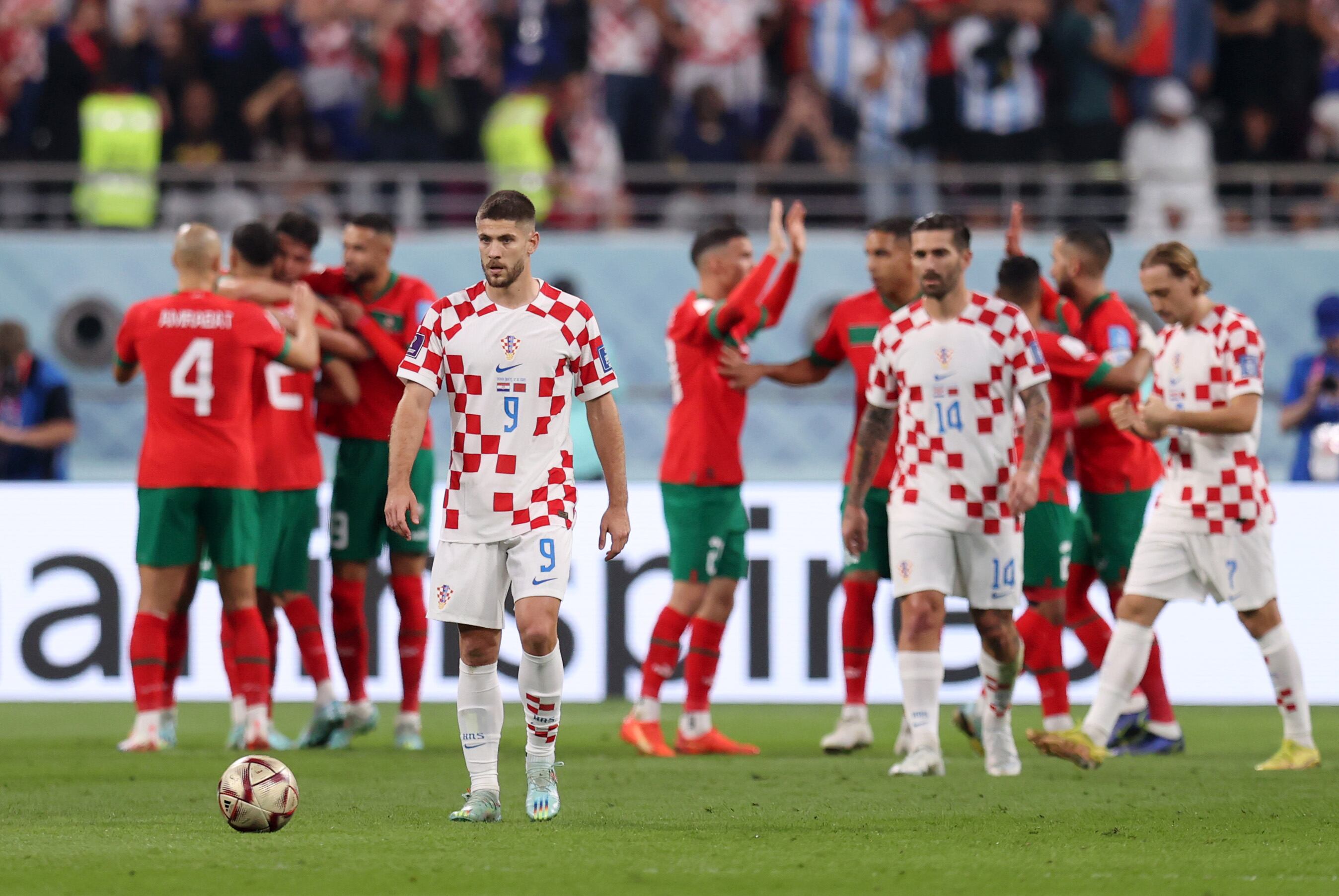 DOHA, QATAR - DECEMBER 17: Andrej Kramaric of Croatia reacts after Morocco scored their sides first goal during the FIFA World Cup Qatar 2022 3rd Place match between Croatia and Morocco at Khalifa International Stadium on December 17, 2022 in Doha, Qatar. (Photo by Alex Pantling/Getty Images)