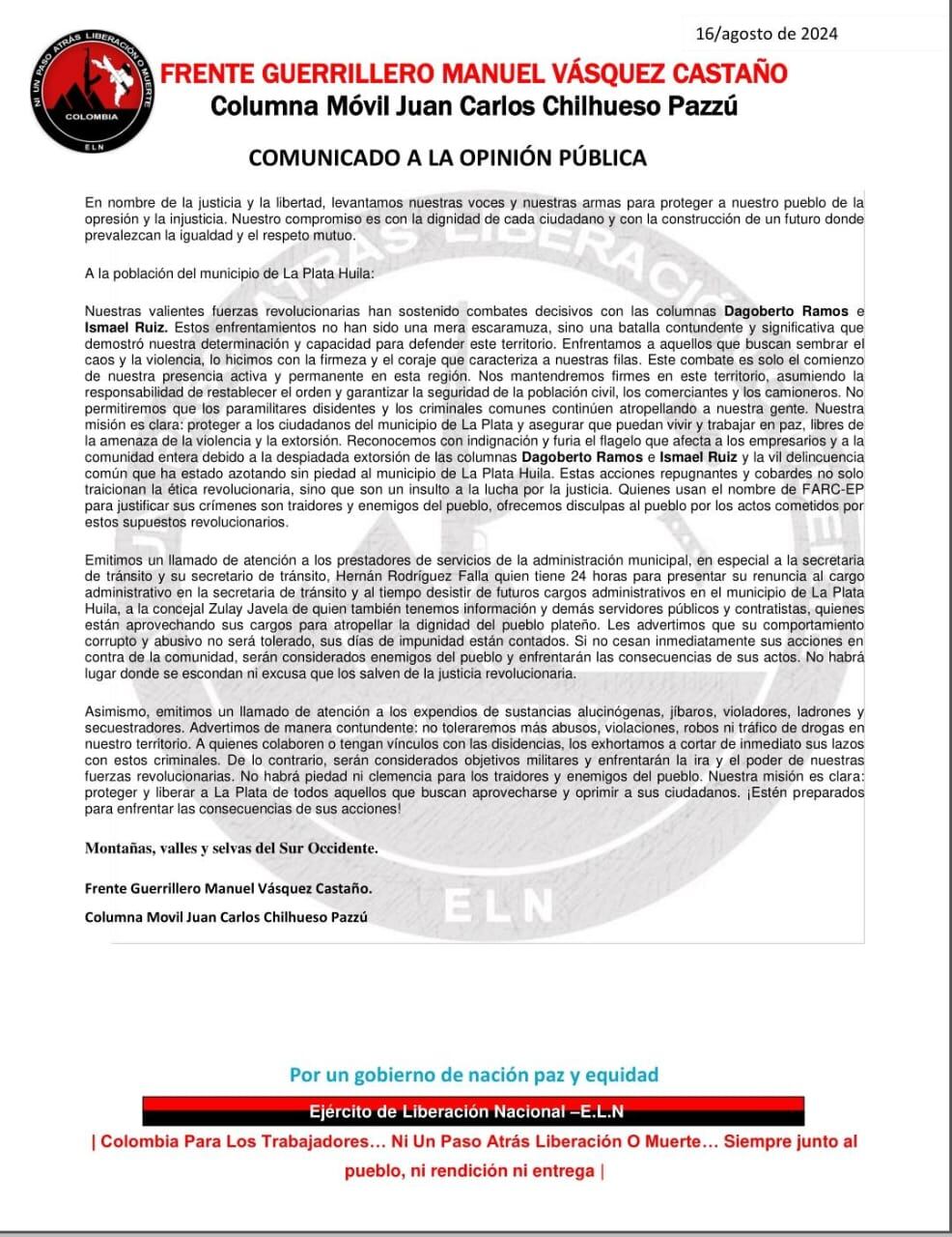 Planfleto del ELN en La Plata Huila