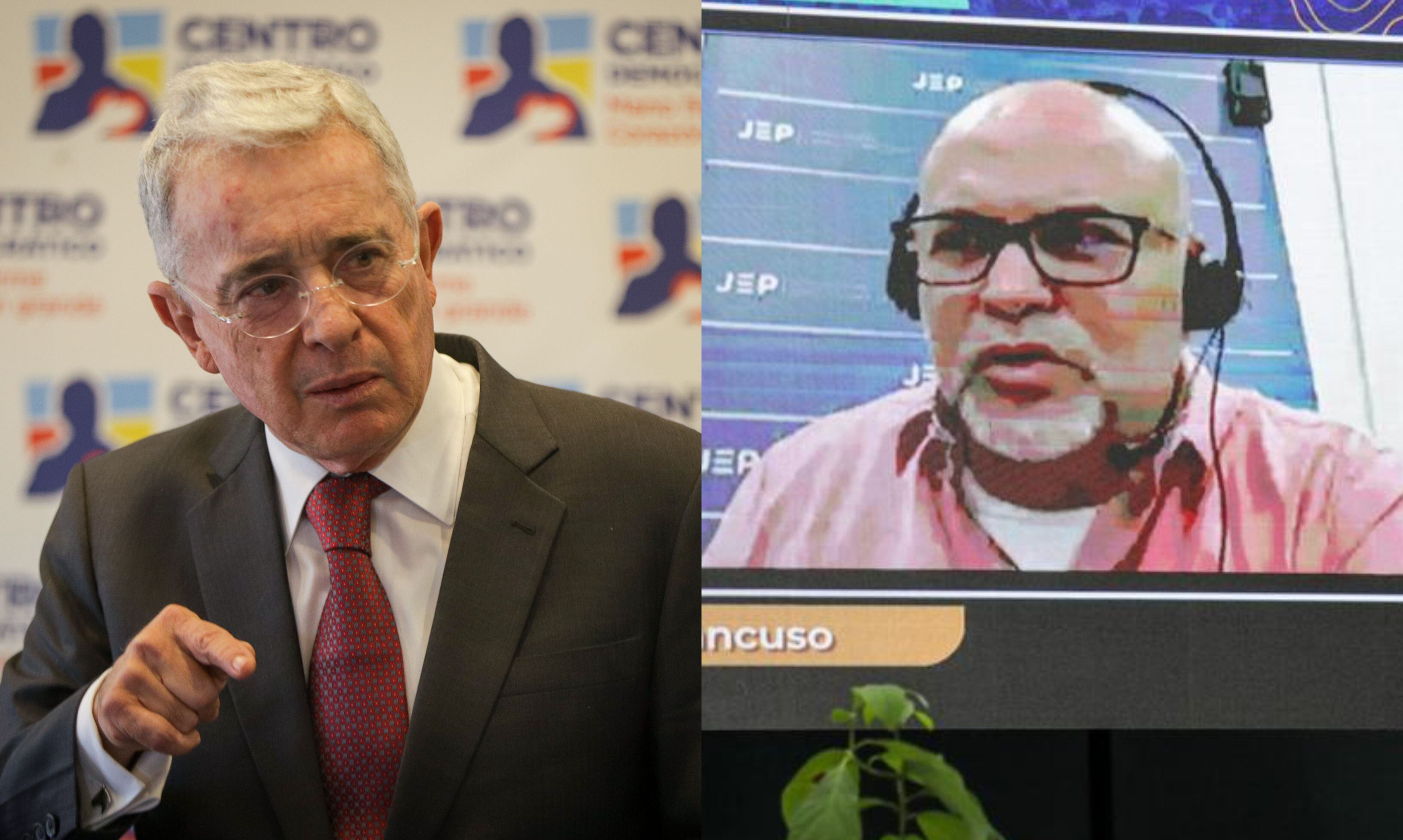Expresidente Álvaro Uribe y exjefe paramilitar Salvatore Mancuso. Fotos: Colprensa/JEP