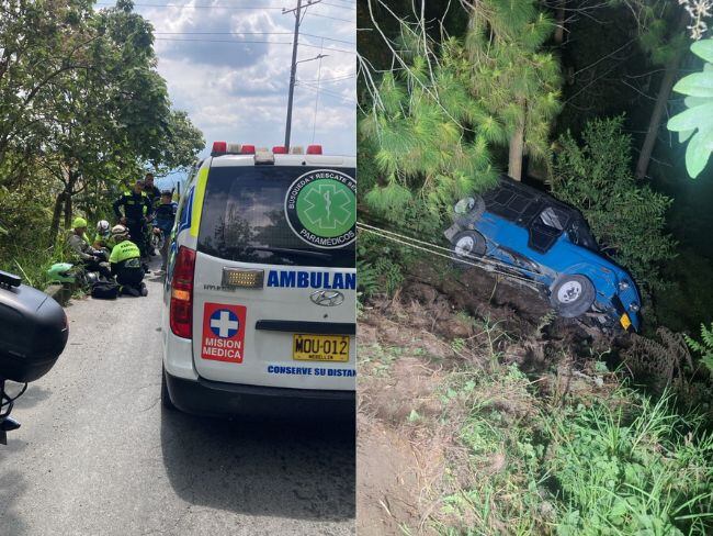 Motociclista atendida por paramédicos y el vehículo tipo yip  que rodó por una ladera. Fotos: BYR (izquierda) y bomberos oficiales de Manizales (derecha).