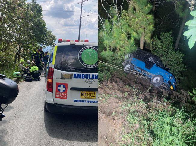 Motociclista atendida por paramédicos y el vehículo tipo yip que rodó por una ladera. Fotos: BYR (izquierda) y bomberos oficiales de Manizales (derecha).