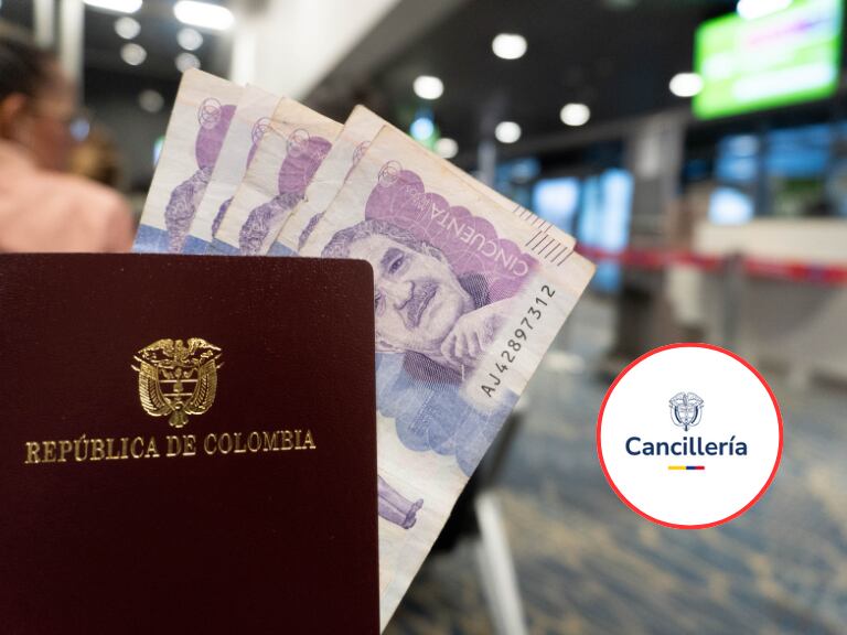 Pasaporte colombiano en el aeropuerto con varios billetes de 50 mil y al lado un logo de la Cancillería de Colombia (Fotos vía Getty Images y sitio web de la Cancillería)