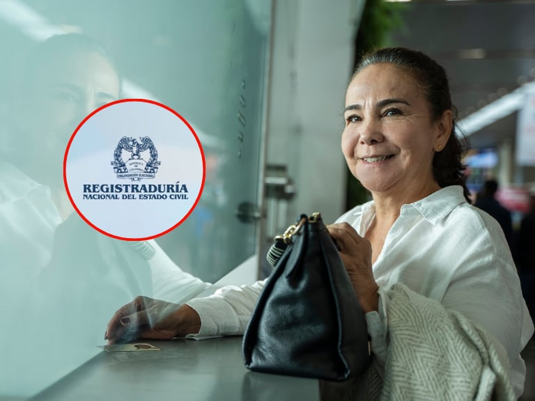 Mujer recibiendo su cédula de ciudadanía por una ventanilla y al lado el logo de la Registraduría Nacional del Estado Civil (Fotos vía Getty Images y cuenta de X de Registraduría Nacional del Estado Civil)