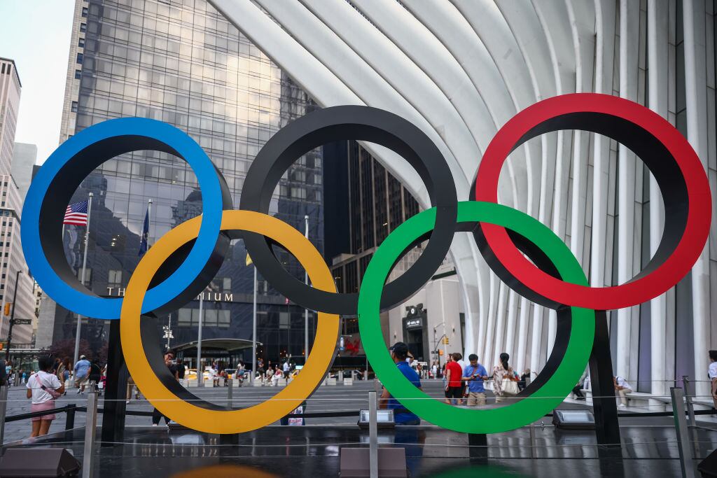 The Olympic rings ahead of the 2024 Olympics in Paris are seen outside the WTC Transportation Hub Oculus building in New York, United States of America, on July 4th, 2024. (Photo by Beata Zawrzel/NurPhoto via Getty Images)