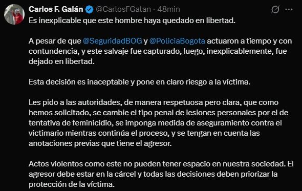 El alcalde Carlos Fernando Galán se pronuncia. Foto: @CarlosFGalan