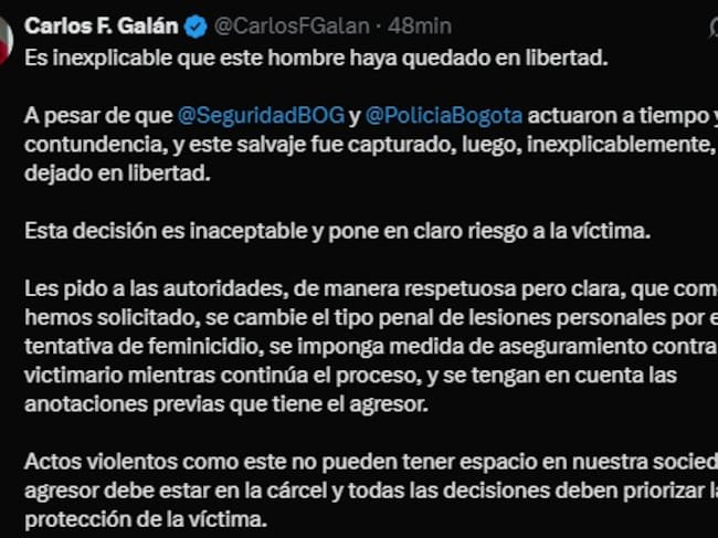 El alcalde Carlos Fernando Galán se pronuncia. Foto: @CarlosFGalan