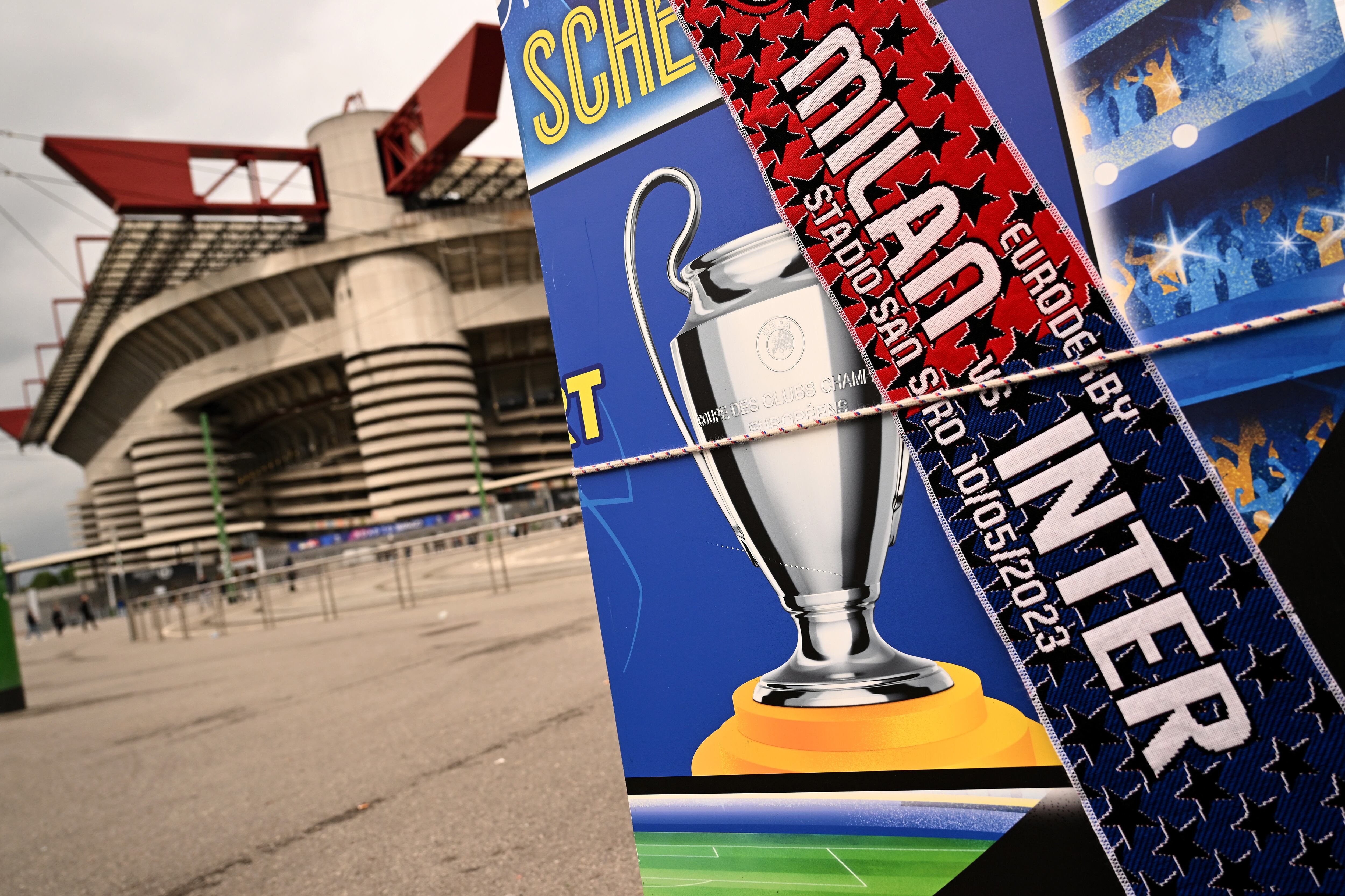 MILAN, ITALY - MAY 10: A general view outside the stadium prior to the UEFA Champions League semi-final first leg match between AC Milan and FC Internazionale at San Siro on May 10, 2023 in Milan, Italy. (Photo by Tullio Puglia - UEFA/UEFA via Getty Images)