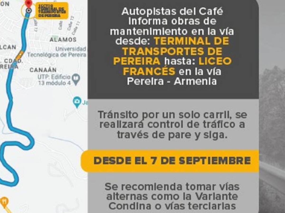 Paso a un carril en la vía Pereira – Armenia por obras de mantenimiento