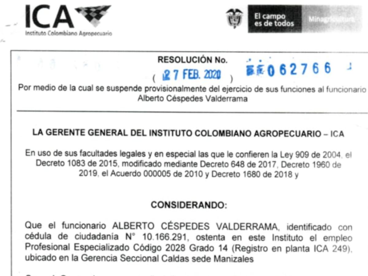 Suspenden provisionalmente al gerente del ICA en Caldas