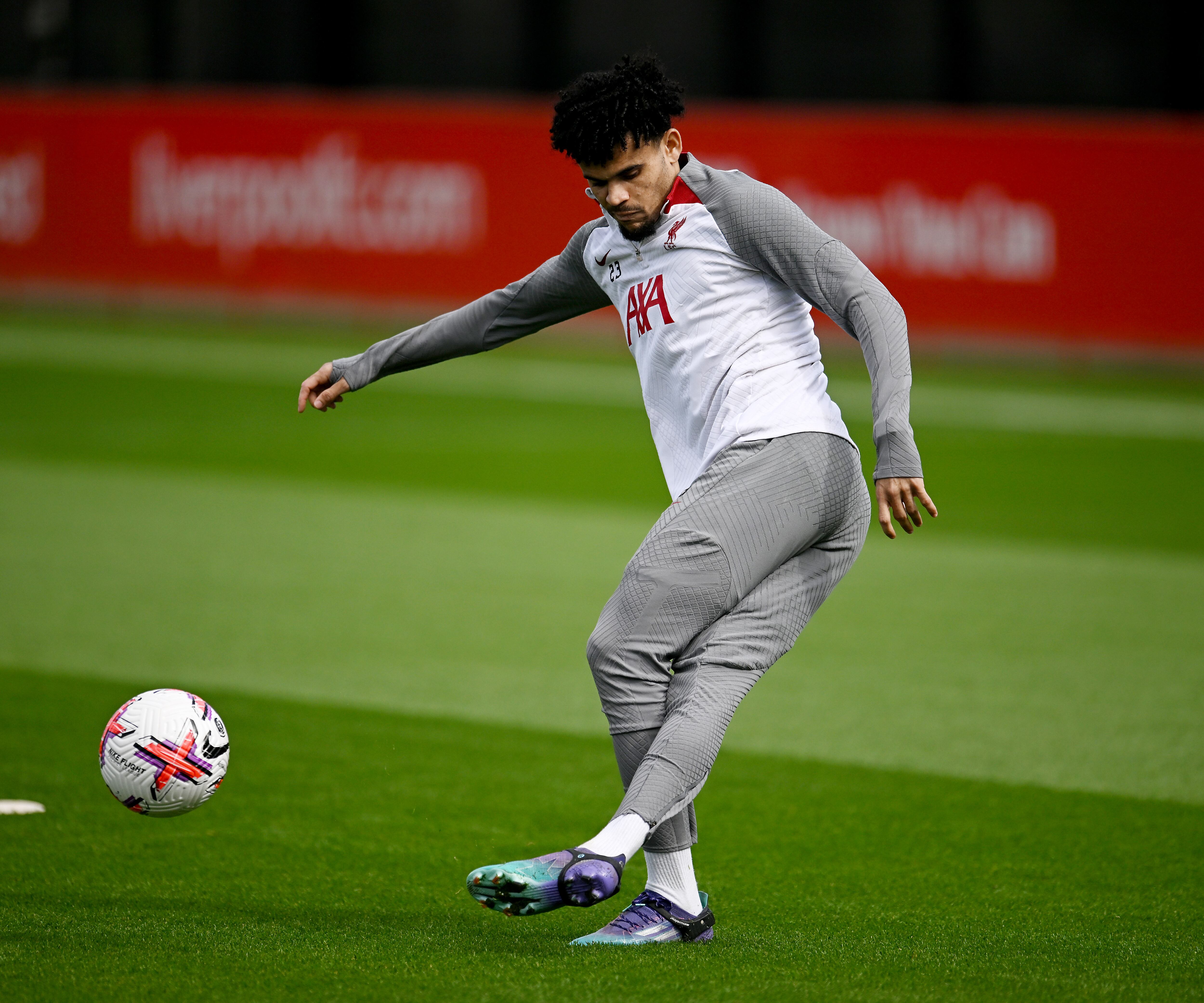 KIRKBY, ENGLAND - MARCH 30: (THE SUN OUT, THE SUN ON SUNDAY OUT) Luis Diaz of Liverpool during a training session at AXA Training Centre on March 30, 2023 in Kirkby, England. (Photo by Andrew Powell/Liverpool FC via Getty Images)